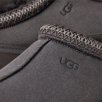 Close-up of UGG branded gray slippers with textured trim on a light gray background