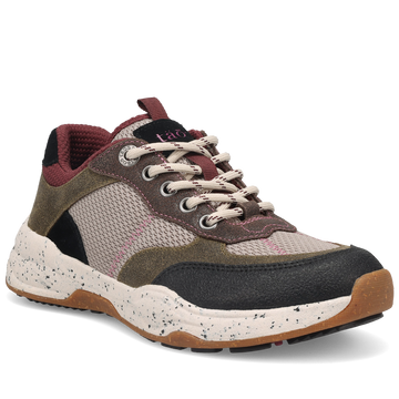 Multicolored sneaker with brown, black, and beige accents on a white background