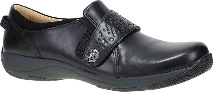 Quarter turn view Women's Dansko Footwear style name Sallie in color BLK WAX BN. Sku: 10400020200