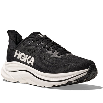 Quarter turn view Women's Hoka Footwear style name Clifton 10 in color Black/ White. Sku: 1162031-BWHT