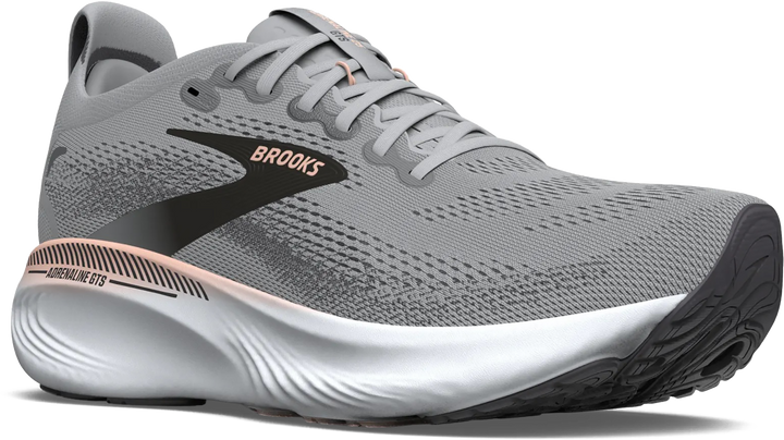 Quarter turn view Women's Brooks Footwear style name Adrenaline GTS 25 Double Wide in color GR/BKP/COR. Sku: 120443-2E032