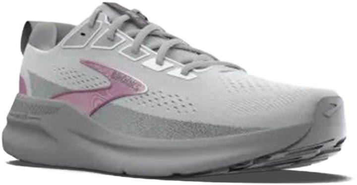 Quarter turn view Women's Brooks Footwear style name Ariel GTS 26 Medium in color Oyster Mushroom/ Alloy/ Pink. Sku: 120444-1B094
