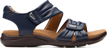 Quarter turn view Women's Clarks Footwear style name Kitly Ave Wide in color Navy. Sku: 26177305W