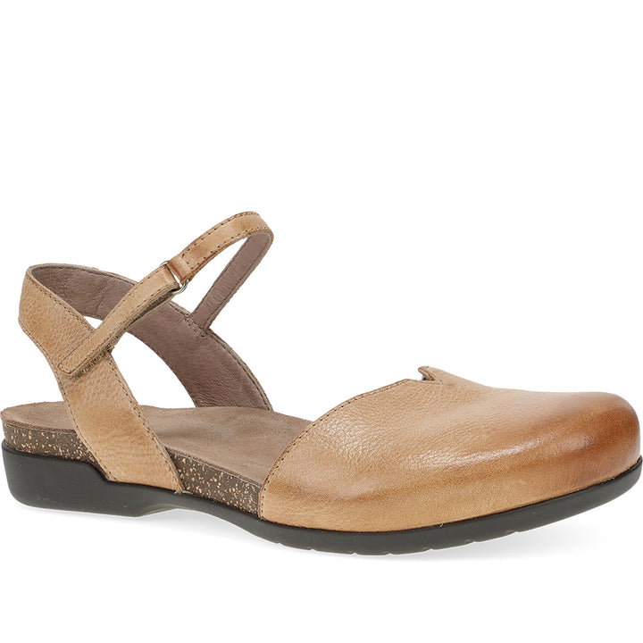 Quarter turn Women's Dansko Footwear style name Rowan in color Honey Distressed. Sku: 6025585300