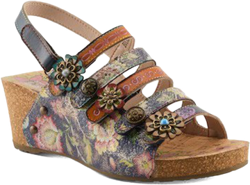 Quarter turn view Women's L'Artiste Footwear style name Buckleitup in color Navy Multi. Sku: BUCKLEITUP-NM