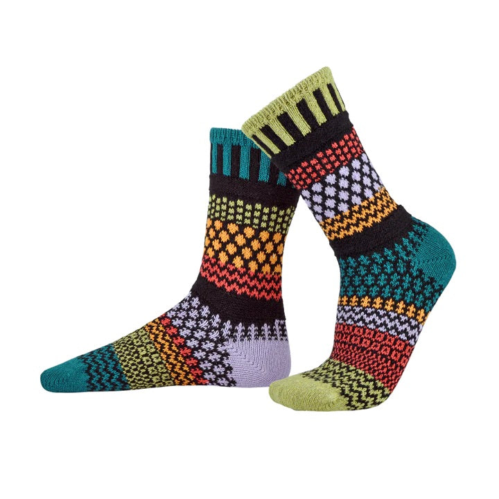 Colorful patterned socks on a white background