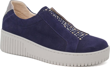 Blue sneaker with a white sole on a white background