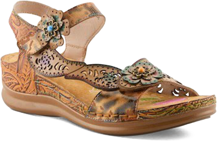 Quarter turn view Women's L'Artiste Footwear style name Script in color Tan Multi. Sku: SCRIPT-TNM
