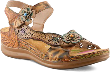 Quarter turn view Women's L'Artiste Footwear style name Script in color Tan Multi. Sku: SCRIPT-TNM