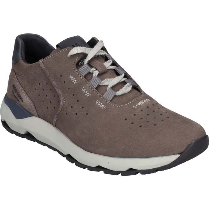 Brown sneaker with white laces on a white background