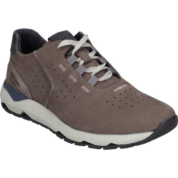 Brown sneaker with white laces on a white background